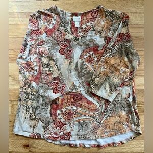 Chico's Graphic 3/4 Sleeve Blouse Red Brown Cream
